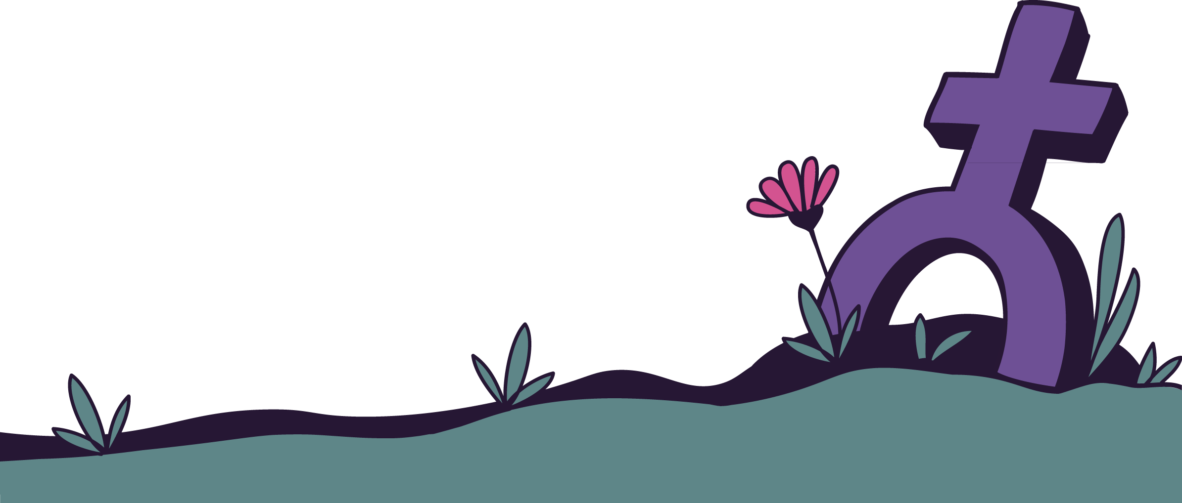 Ilustración estilizada de una tumba sobre un fondo oscuro. Se muestra una cruz morada inclinada parcialmente enterrada en la tierra. Alrededor crecen algunas plantas pequeñas y una flor rosada. La escena transmite un ambiente solemne, relacionado con el fallecimiento de una mujer, simbolizado por la cruz con forma del símbolo femenino.