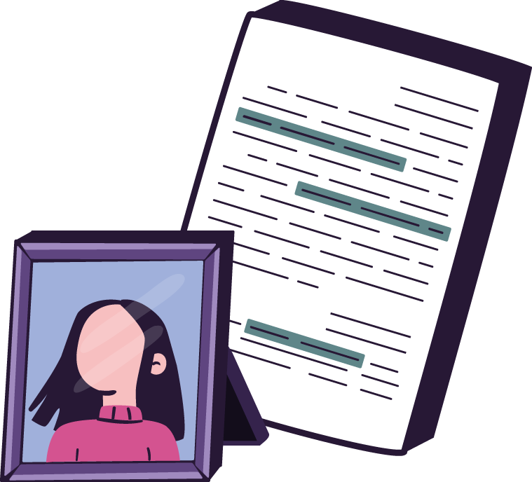 Ilustración que muestra un retrato dibujado de una mujer sin rasgos faciales definidos, enmarcado y colocado frente a un documento oficial. El documento tiene líneas negras simulando texto y algunos fragmentos destacados en color verde. Esta imagen hace alusión a la identidad de la víctima y al expediente legal o sentencia relacionada con el caso. Refuerza la idea de la lucha por justicia y el reconocimiento institucional del feminicidio.