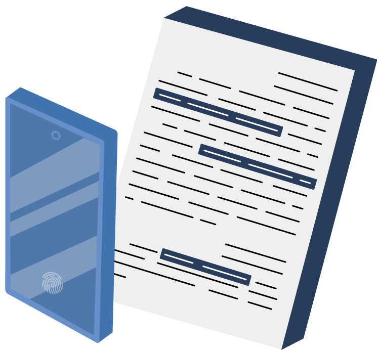 Ilustración que muestra un documento con texto subrayado junto a un teléfono inteligente. El teléfono tiene el ícono de una huella digital, lo que sugiere autenticación o acceso seguro.
            Esta ilustración representa el acceso digital y seguro a sentencias judiciales desde un celular, promoviendo que las personas puedan consultar fácilmente los fallos judiciales desde sus dispositivos móviles, de forma rápida y accesible.