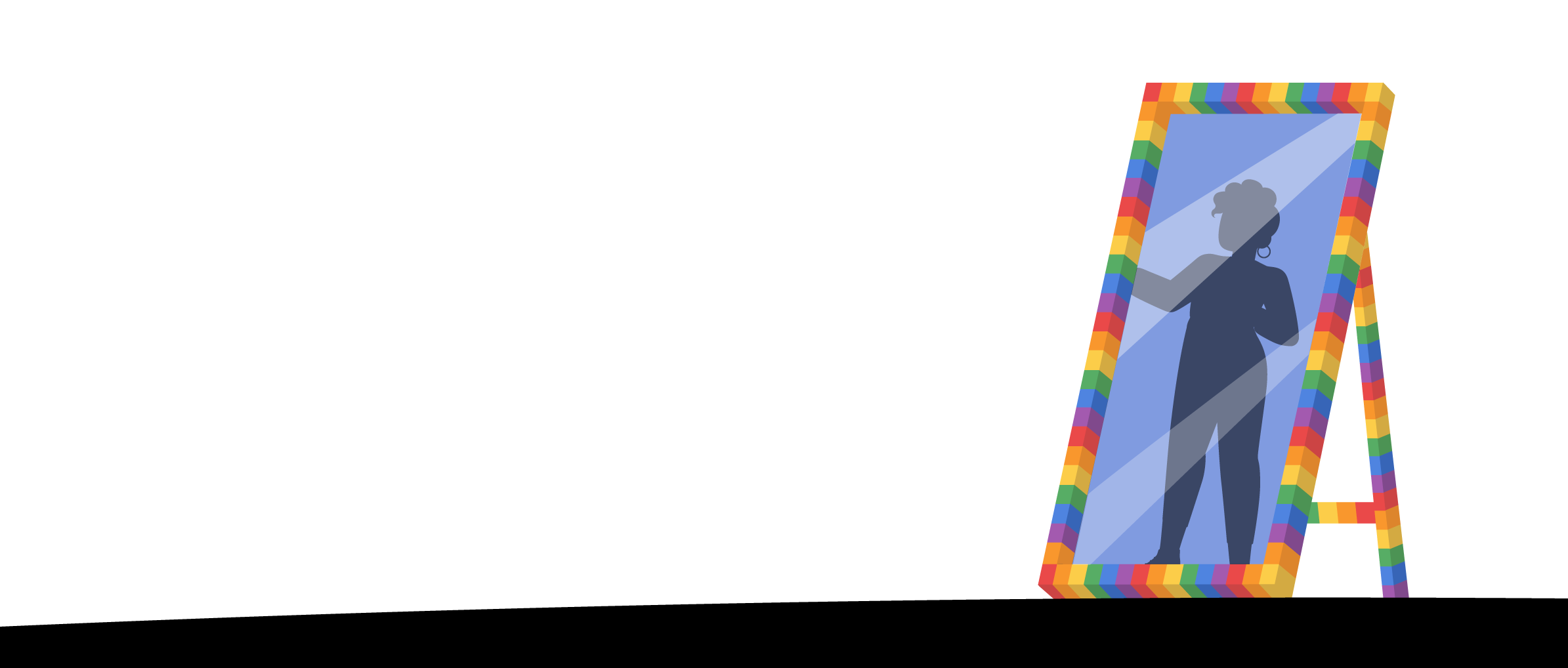 Ilustración que muestra un espejo de cuerpo completo con marco decorado con los colores de la bandera del orgullo LGBTIQ+. En el reflejo se ve la silueta de una persona, lo que simboliza el autorreconocimiento, la identidad personal y la autoaceptación dentro de la diversidad sexual y de género.
Esta ilustración representa el derecho de cada persona a ser vista, reconocida y respetada tal como es, promoviendo la inclusión, la igualdad y la visibilidad de las identidades LGBTIQ+ en todos los espacios, incluida la justicia.