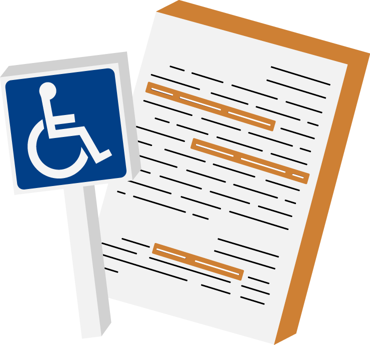 En esta imagen vemos: Un letrero azul con el símbolo de accesibilidad (persona en silla de ruedas), Detrás, una hoja con texto subrayado en color naranja, representando una sentencia judicial o decisión oficial. Refleja el vínculo entre los derechos de las personas con discapacidad y el respaldo legal que la SCJN otorga mediante sus resoluciones. También comunica la importancia de la accesibilidad en todos los ámbitos.