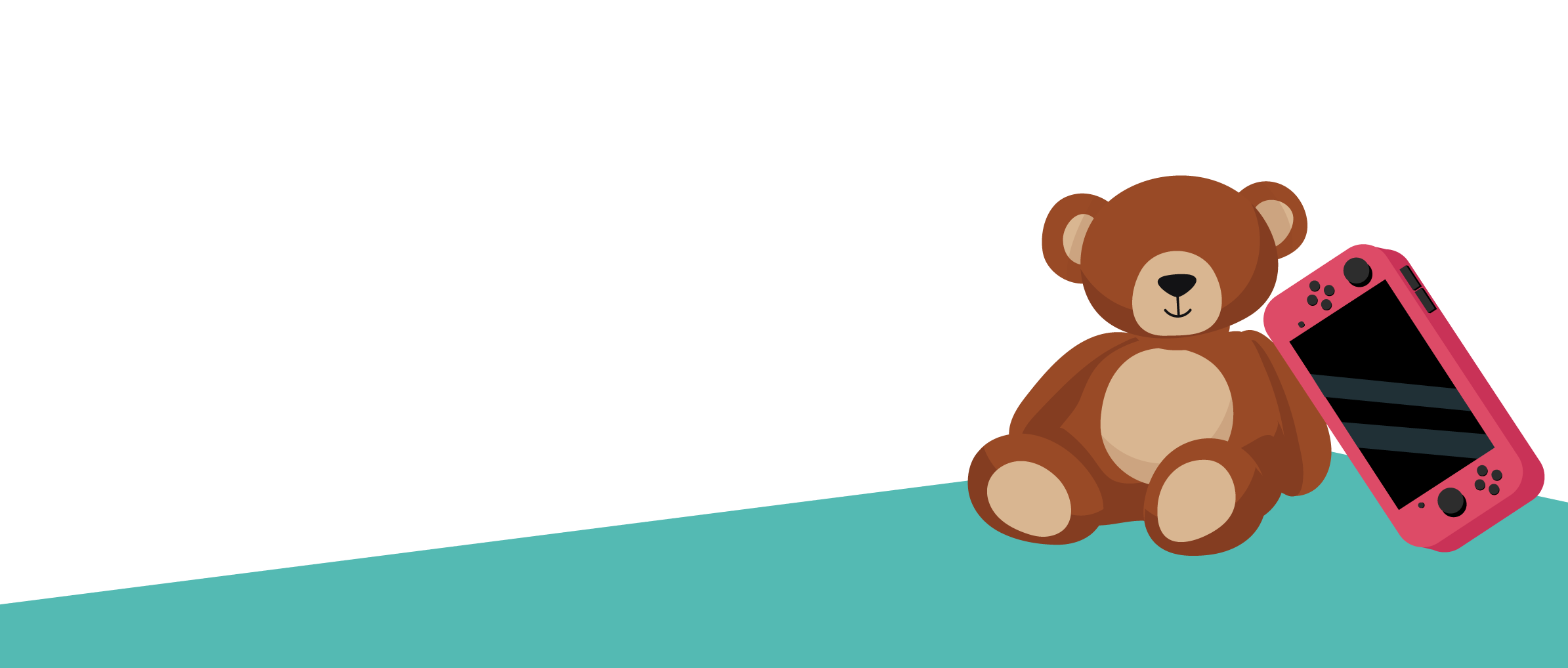 La imagen muestra un diseño amigable para niños: Hay un oso de peluche sentado, con expresión tranquila, a su lado, una consola de videojuegos de color rosa. Ambos están sobre una superficie de color verde agua, con fondo negro arriba. El estilo es caricaturesco y transmite un ambiente infantil y cálido. Esta imagen sirve como encabezado visual para representar el interés superior de niñas, niños y adolescentes.