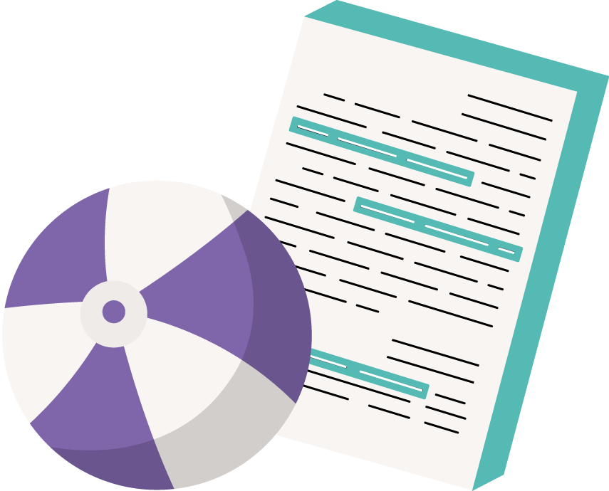En esta ilustración se muestra una pelota de playa de color morado y blanco, junto a ella, una hoja de papel con texto subrayado en verde agua. Esta imagen representa de forma simbólica la combinación de el derecho al juego y la recreación (pelota) y el acceso a la justicia y decisiones judiciales relevantes (documento con subrayado).