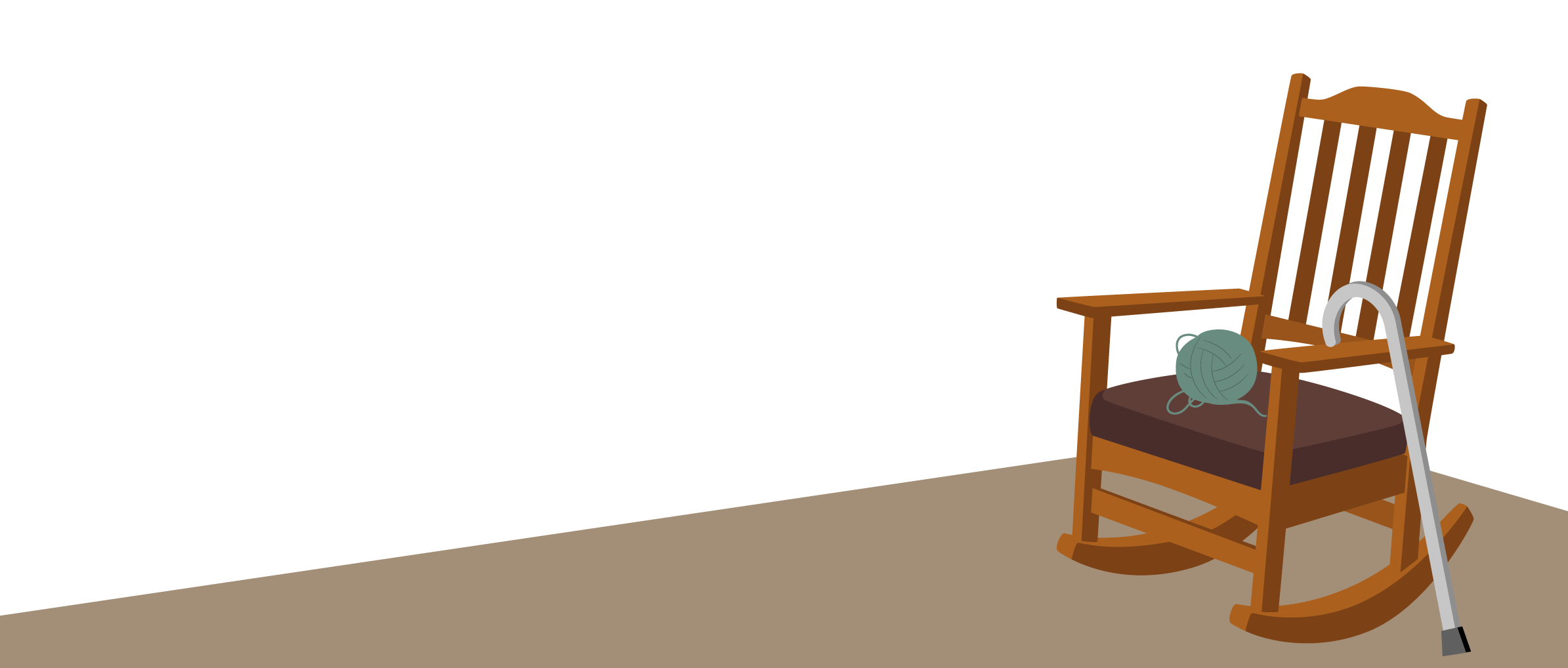 La imagen muestra una mecedora vacía de madera con asiento acolchado, colocada sobre un piso marrón claro. Sobre la mecedora hay un ovillo de estambre verde, y recargado en uno de los brazos está un bastón plateado. Todo el fondo es oscuro. Esta escena simboliza la ausencia de cuidados y acompañamiento hacia las personas mayores. La mecedora vacía y el bastón sugieren que la persona mayor, que debería estar ahí, no ha recibido la atención o presencia que necesita. El estambre alude a actividades cotidianas como tejer, evocando una vida activa que, sin apoyo, puede quedar en el abandono.