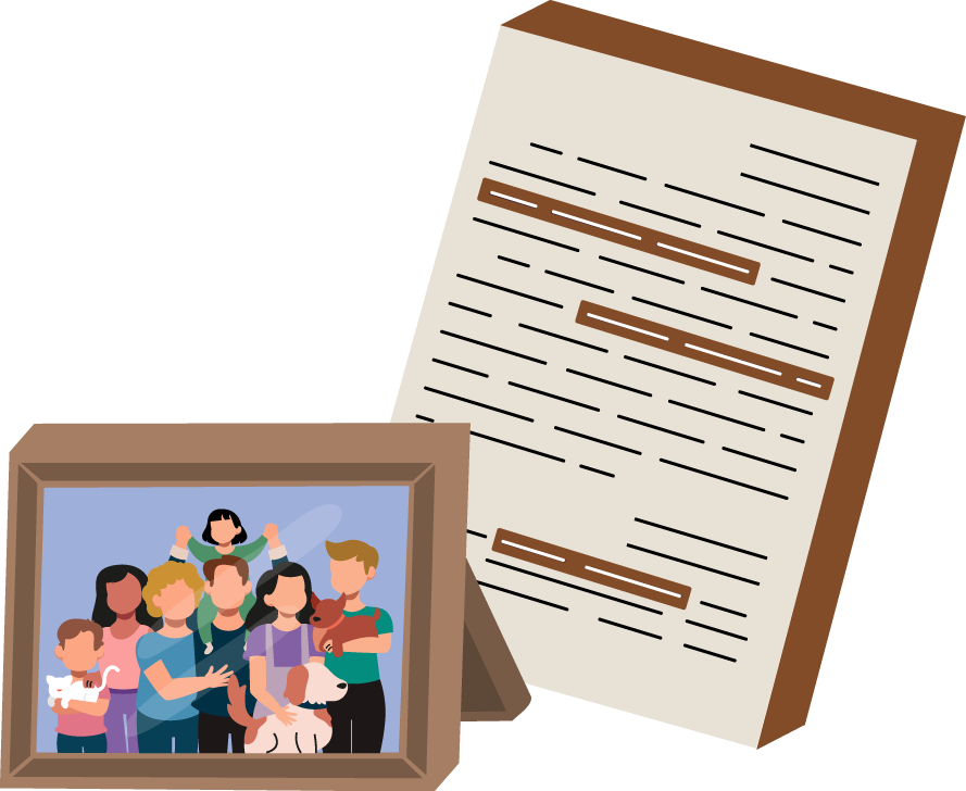 Una ilustración muestra un marco con una fotografía de una familia numerosa, compuesta por personas de distintas edades, tonos de piel y mascotas. Al fondo hay un documento legal con subrayados. Esta imagen representa cómo las resoluciones judiciales pueden afectar directamente a las familias.