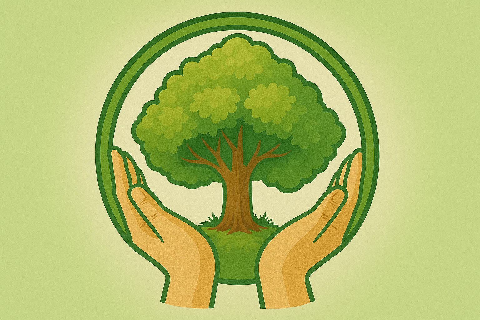 Un árbol frondoso dentro de un círculo formado por dos manos, simbolizando la protección del medio ambiente.