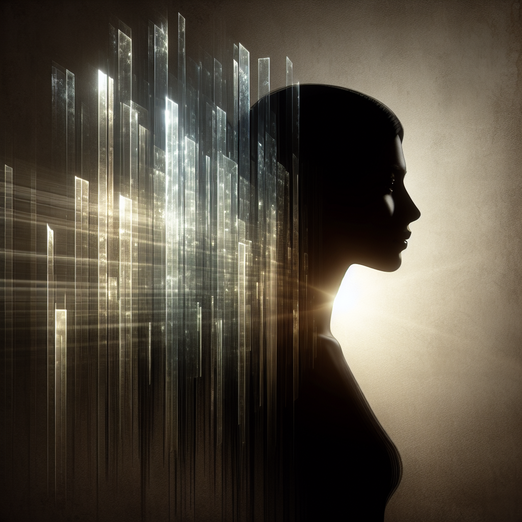 Silueta de perfil de una mujer con haces de luz que emanan de su espalda.