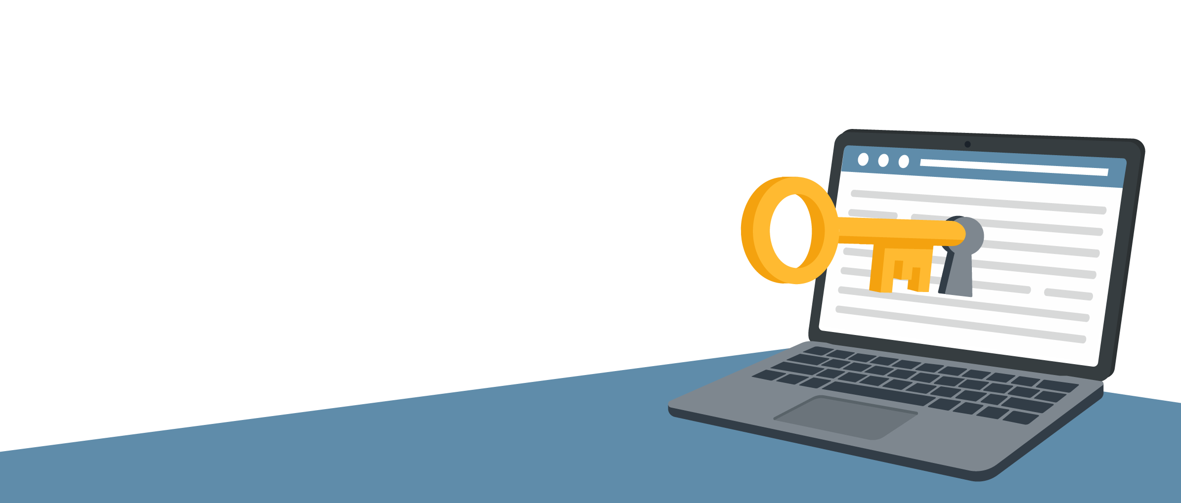 La imagen muestra una ilustración de una laptop abierta sobre una mesa; en la pantalla aparece una cerradura y una gran llave dorada apuntando hacia ella, simbolizando el derecho de acceso a la información pública y la idea de “abrir” datos de personas servidoras públicas en el contexto del caso descrito en la infografía