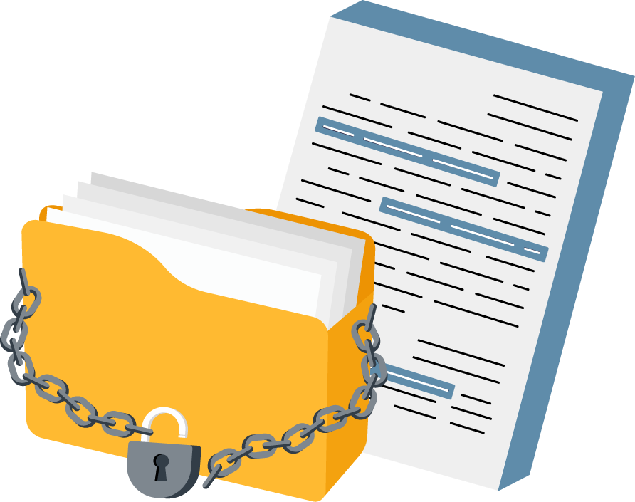 La imagen muestra una carpeta amarilla llena de documentos, rodeada por una cadena con candado, colocada frente a una hoja con líneas de texto y subrayados; representa la sentencia y el análisis sobre qué información debe permanecer reservada y cuál debe hacerse pública en el asunto explicado en la infografía.