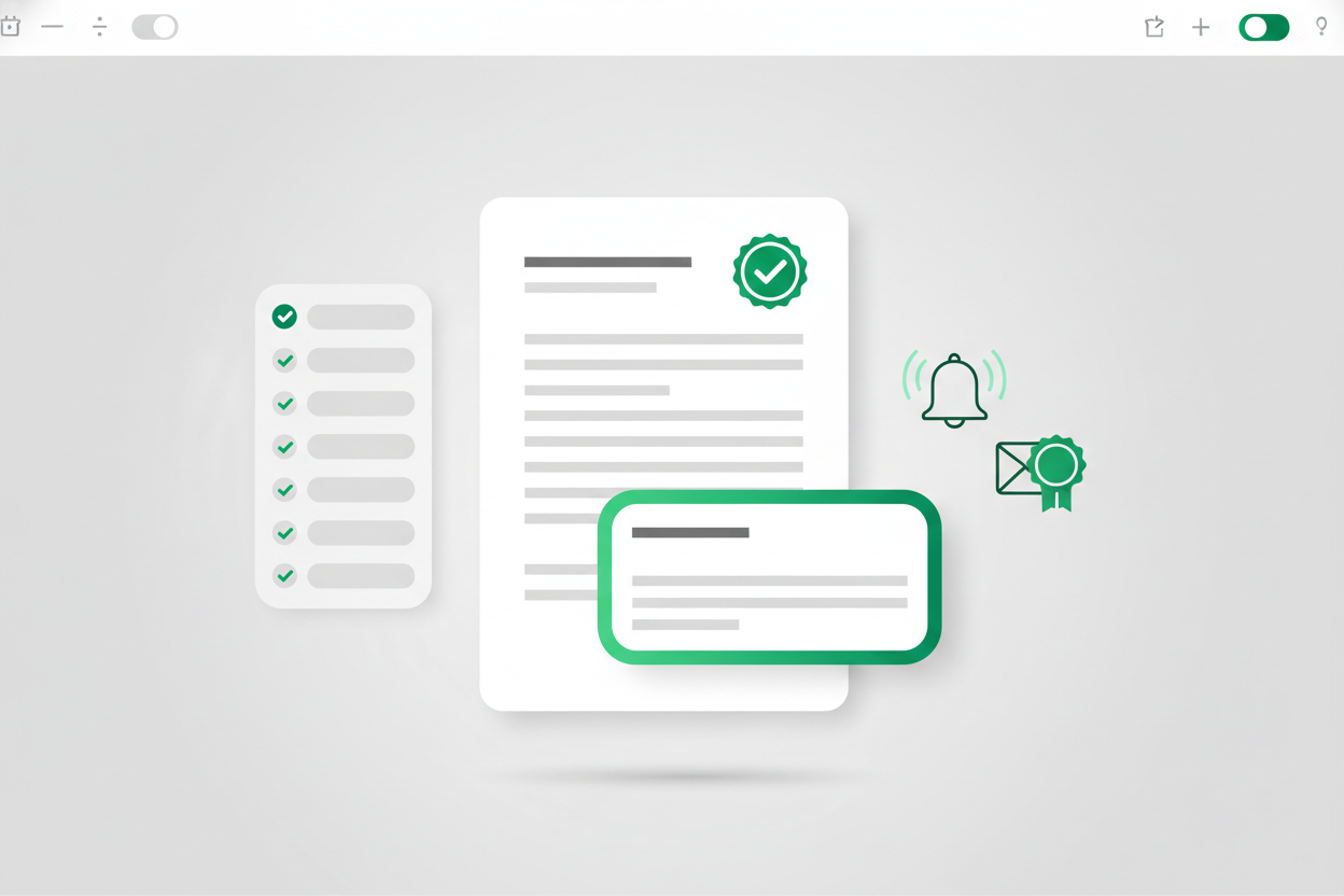 La imagen muestra un documento con líneas simuladas y un distintivo de paloma en una esquina. Desde el documento aparece un panel de notificación emergente. A un lado se ve una campana con ondas sutiles y un sobre con un sello verde, y en la izquierda un panel con renglones que llevan pequeñas marcas de verificación. Al fondo se percibe, de forma tenue, la silueta de una balanza de la justicia. La ilustración representa la emisión de acuerdos y las notificaciones judiciales, así como las listas de sesión con fallos en el sitio de la Suprema Corte.