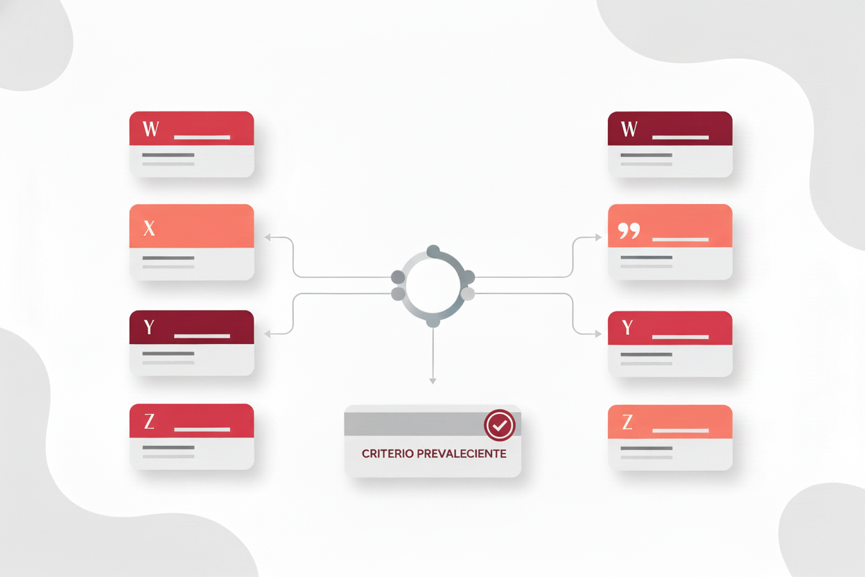 La imagen muestra dos columnas opuestas de tarjetas de criterios con encabezados rojos; en cada tarjeta aparece una letra grande —W, X, Y o Z— para distinguir los grupos. De ambas columnas salen líneas que los unen en un punto central y llegan a una tarjeta principal con una marca de verificación y el texto “CRITERIO PREVALECIENTE”. La composición representa la resolución de contradicciones de criterios por parte de la Suprema Corte