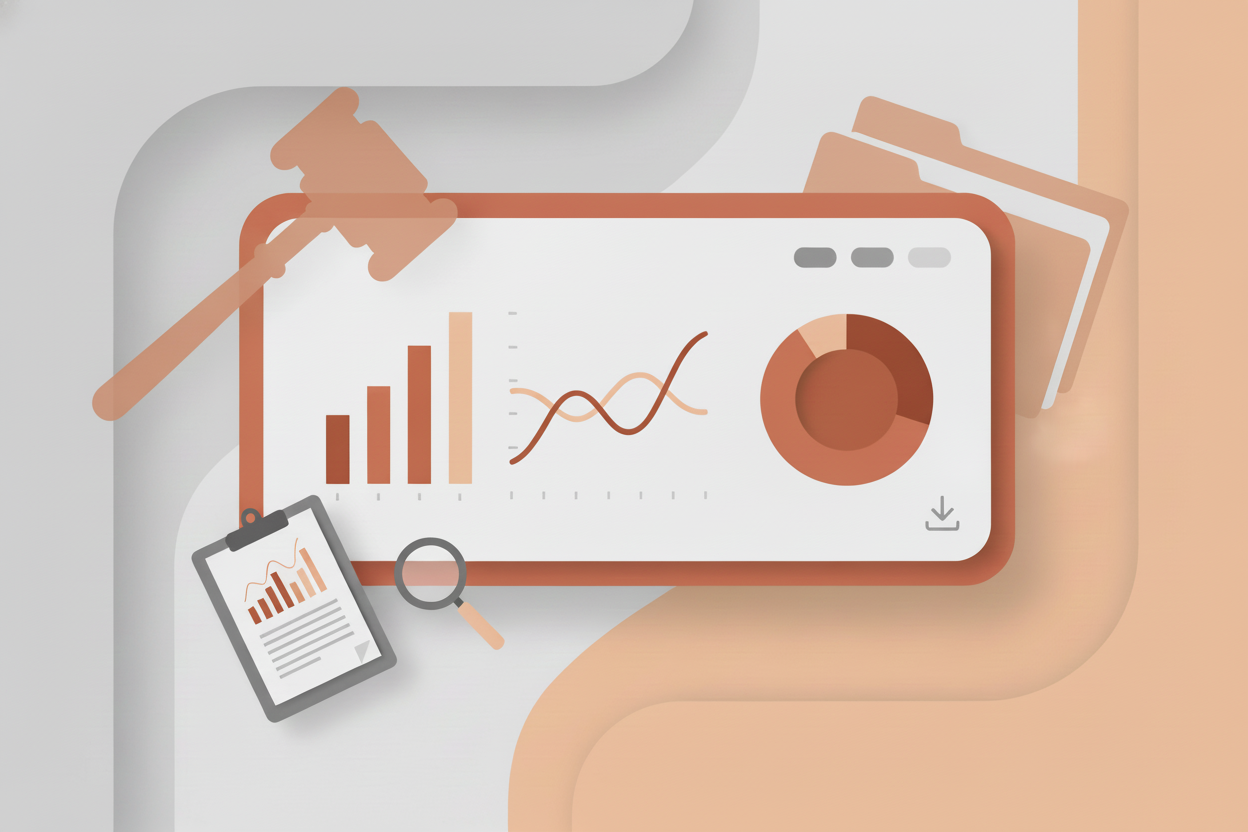 La imagen muestra un tablero de estadísticas ampliado en color gris con gráficos simples: barras, una línea y un gráfico de dona. Dentro del tablero, de forma muy tenue, se aprecian las siluetas de un mallete y varios expedientes como fondo. En la parte superior del tablero hay controles de filtro y un ícono de descarga, y al frente se ve un portapapeles con un pequeño gráfico y una lupa. La ilustración representa la consulta y revisión de información estadística del Pleno en el sitio de la Suprema Corte.