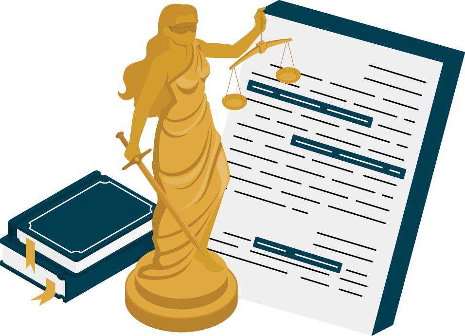 La imagen muestra una figura dorada de la justicia con balanza y espada frente a un documento legal y un par de libros, simbolizando la imparcialidad y el sustento jurídico de las sentencias presentadas