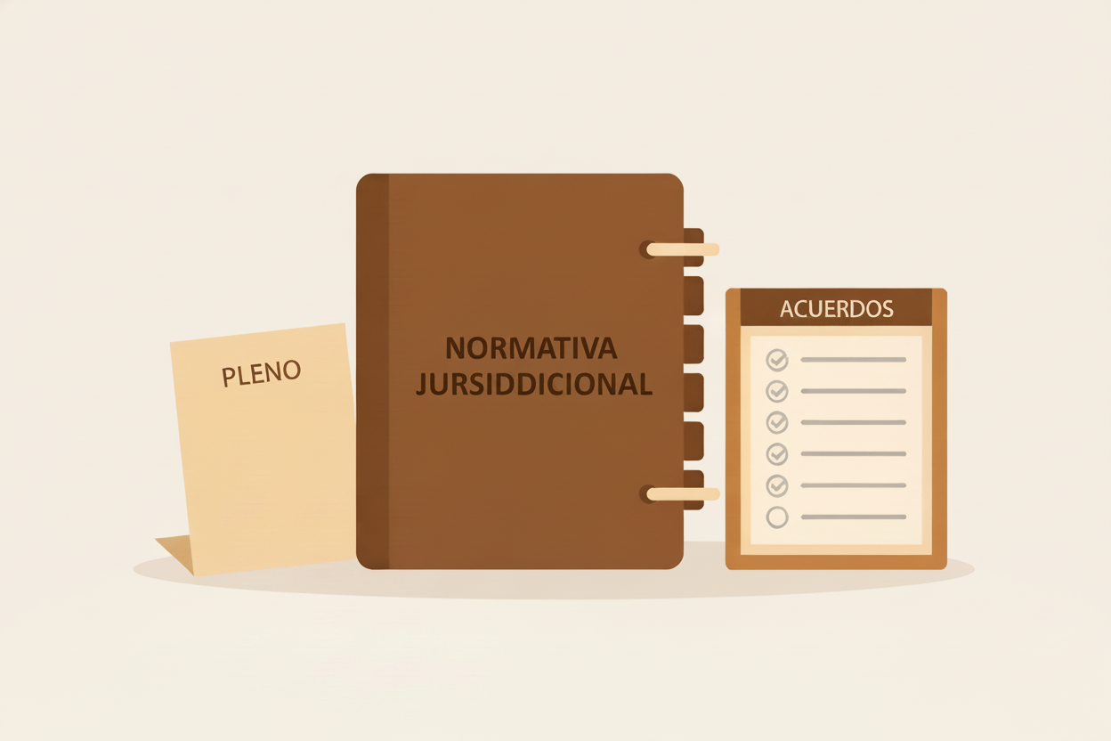 a imagen muestra una carpeta café con el título “NORMATIVA JURISDICCIONAL” y pestañas laterales. A la derecha se encuentra un panel enmarcado con el encabezado “ACUERDOS” y varias filas tipo checklist con marcas de verificación. A la izquierda aparece una hoja doblada con la palabra “PLENO”. La ilustración representa la normativa jurisdiccional y los acuerdos generales plenarios de la Suprema Corte.