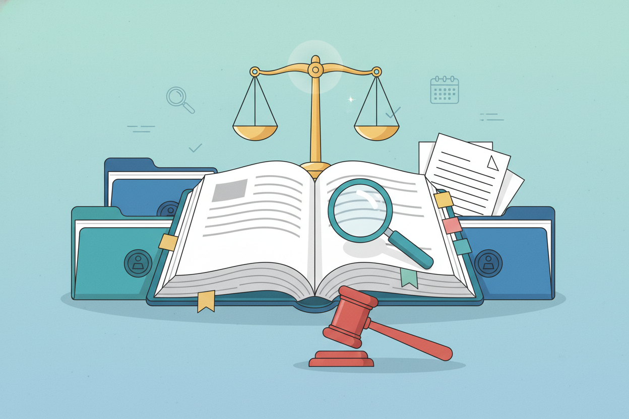 La imagen muestra un libro de leyes abierto en el centro, con varias pestañas de colores, encima del cual hay una balanza dorada en equilibrio. A su alrededor se ven carpetas y hojas con sellos, una lupa que resalta parte del texto y un pequeño mazo de juez. En el fondo aparecen, de forma tenue, los íconos de una lupa de búsqueda y un calendario. Los colores son sobrios en tonos azules y verdes, con detalles cálidos. La ilustración representa de manera simple las “Sentencias” de la Suprema Corte y la consulta de resoluciones en el sitio web.