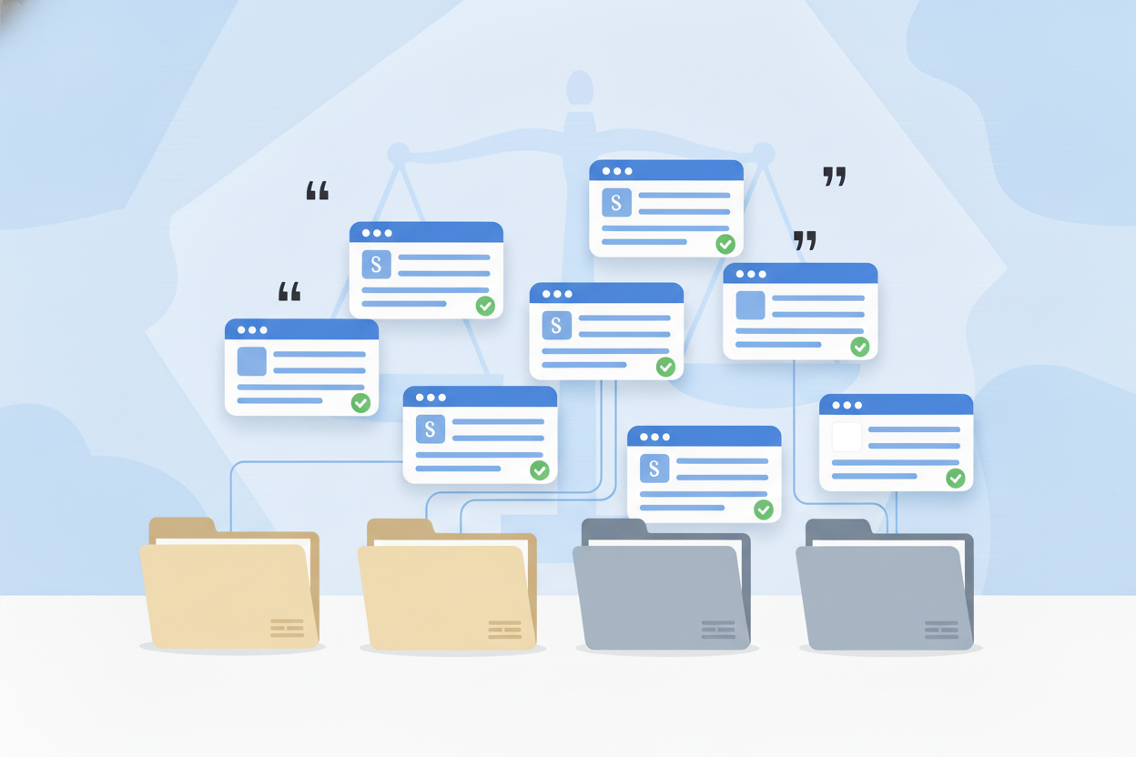 En la imagen podemos observar varias tarjetas independientes que representan criterios de tesis y jurisprudencias, dispuestas de forma libre y ligeramente giradas; cada tarjeta tiene un encabezado en distintos tonos de azul, líneas cortas y pequeños íconos de párrafo o comillas. Algunas tarjetas muestran una marca de verificación. En la parte inferior hay varios folders de expediente con pestañas, y desde cada uno salen líneas que los conectan con diferentes tarjetas en la parte superior. Al fondo se aprecia, de forma tenue, la silueta de una balanza de la justicia. La ilustración representa la consulta y vinculación de criterios del Semanario Judicial con expedientes específicos