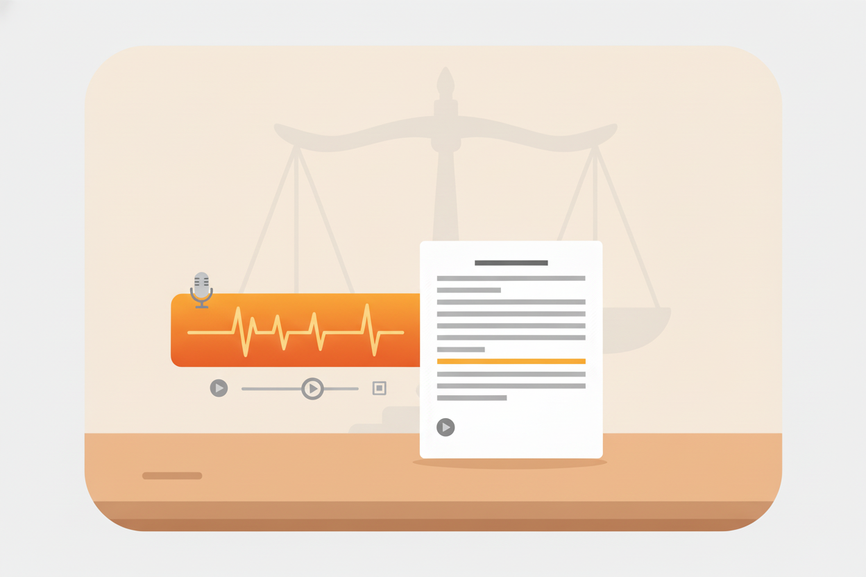 La imagen muestra una forma de onda de audio ampliada con botones de reproducción y una barra de tiempo. Junto a ella aparece un panel de transcripción con líneas simuladas y una línea resaltada acompañada de un pequeño ícono de reproducir. Se integra un micrófono como ícono sencillo dentro de la interfaz y, al fondo, se distingue de forma tenue la silueta de una balanza de la justicia. La ilustración representa la consulta de versiones taquigráficas de las sesiones del Pleno de la Suprema Corte de Justicia de la Nación.