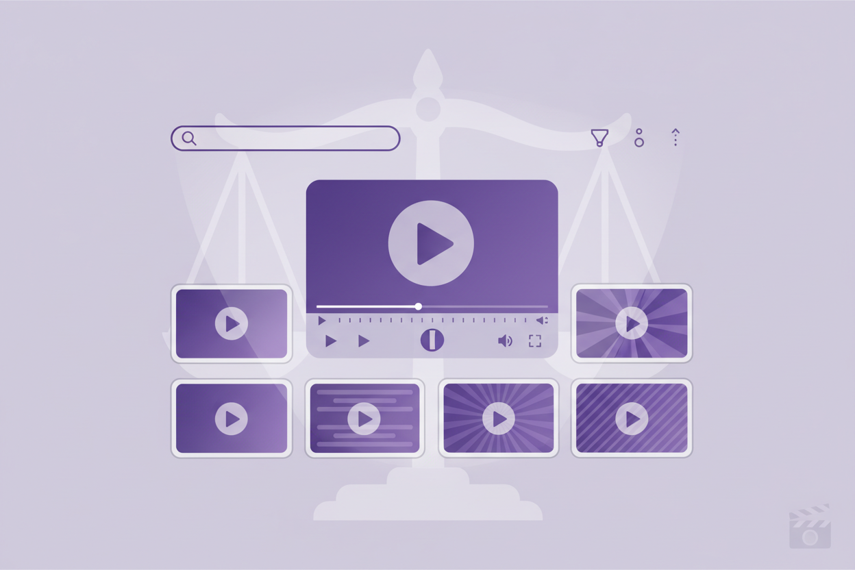 La imagen muestra un reproductor de video al centro con un botón de reproducir y una barra de avance. Alrededor se observa una cuadrícula de miniaturas de videos, cada una con un pequeño ícono de play, además de una barra de búsqueda y botones de filtro sin texto. Al fondo se distingue, de forma tenue, la silueta de una balanza de la justicia y un motivo sutil de estudio. La ilustración representa la videoteca de las sesiones del Pleno de la Suprema Corte.