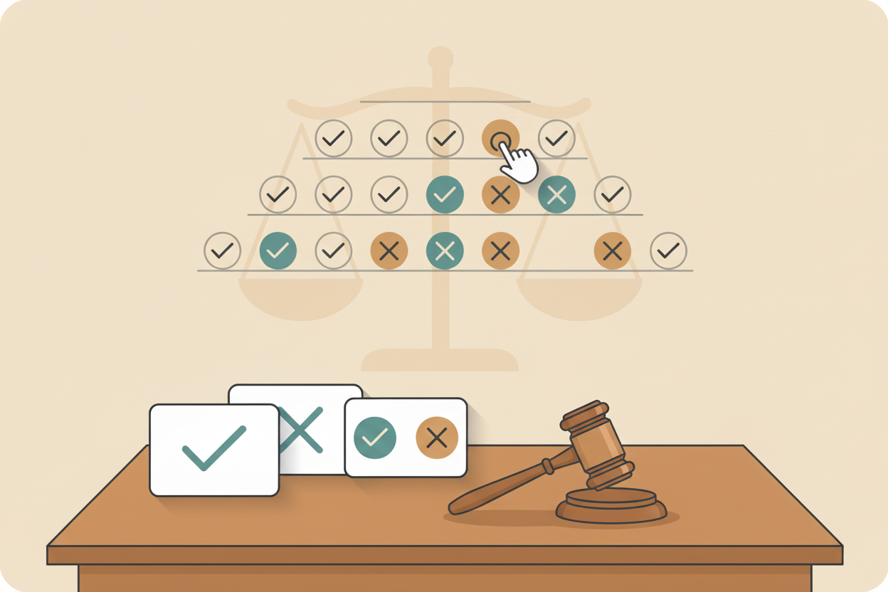 En la imagen podemos observar un tablero semicircular con varios íconos de voto en filas; algunos están resaltados para mostrar posiciones distintas. En primer plano hay un escritorio de madera con un mallete sobre su base y tres tarjetas de votación con símbolos de paloma y equis. Un cursor señala uno de los votos del tablero y, en el fondo, se distingue de forma tenue la silueta de una balanza de la justicia. Predominan tonos ocres claros con acentos verde azulado. La ilustración representa la consulta de los votos de ministras y ministros en el sitio de la Suprema Corte.