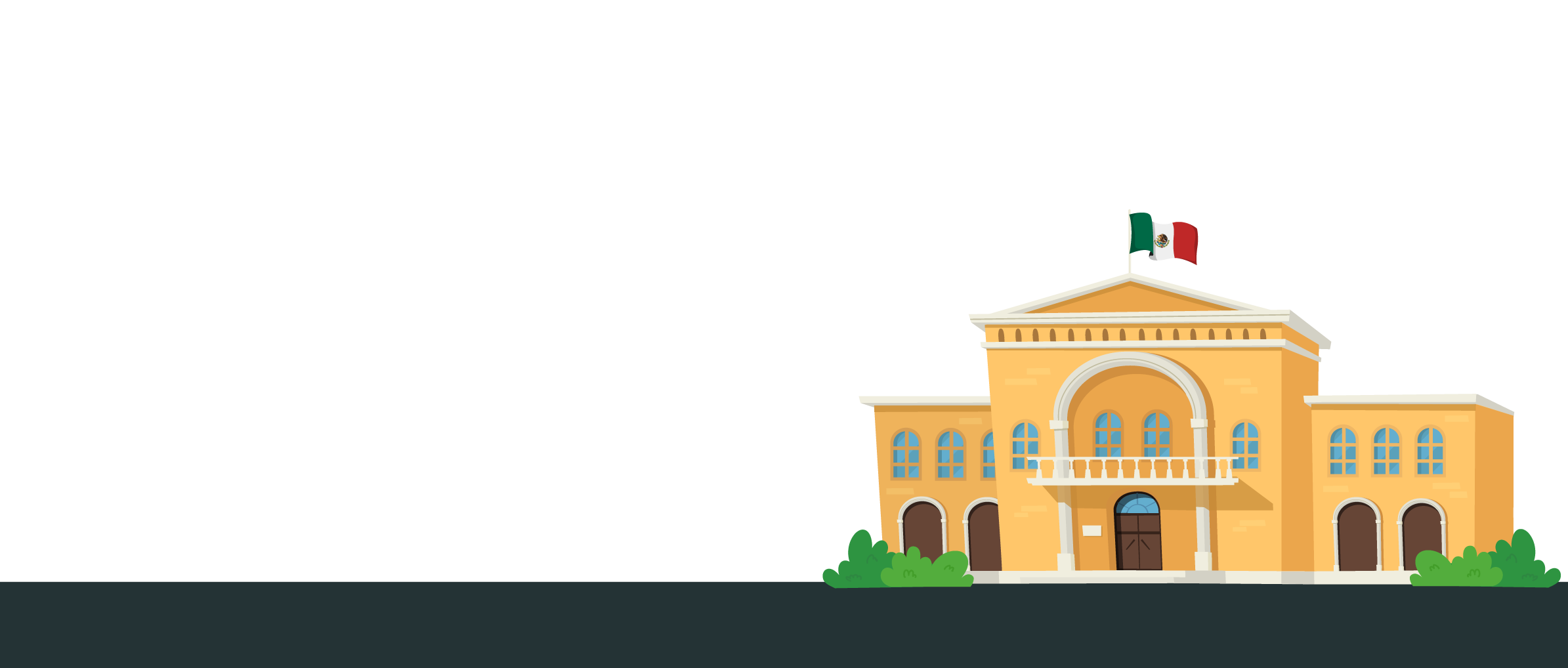 Ilustración muy colorida de un gran edificio gubernamental pintado en tonos mostaza, similar a un palacio municipal o a un congreso estatal. En la parte más alta ondea orgullosamente la bandera de México. Este edificio simboliza el lugar donde nuestras autoridades locales toman las decisiones y aprueban las Leyes de Ingresos para los municipios.